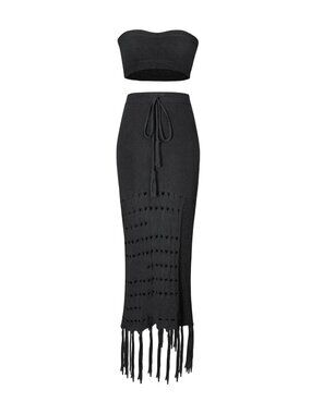 Micas Women's Medium Black Knit 2pc Skirt Set Tassel Hem Bandeau Top Cover Up